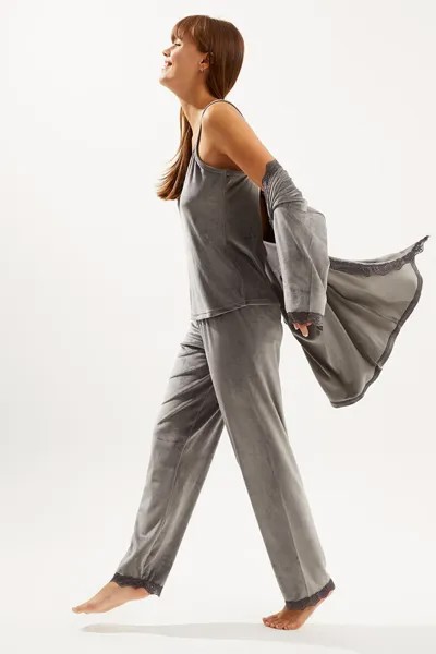 Женские брюки антрацитового мягкого бархата с рукавами три четверти на веревке на подтяжках, пижамный комплект из трех предметов ECROU