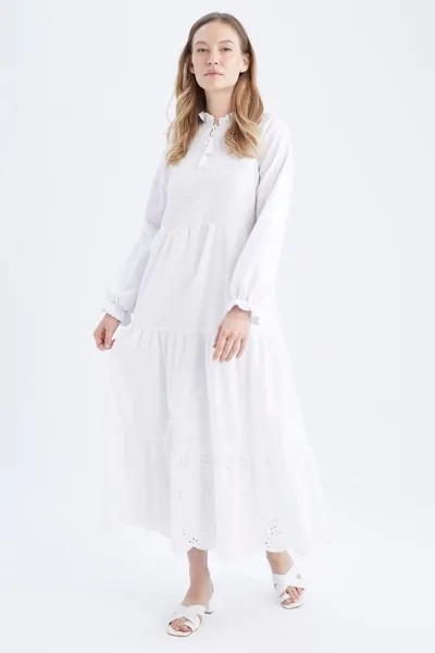 Платье макси из вуали с круглым вырезом и длинными рукавами стандартного кроя DeFacto, белый