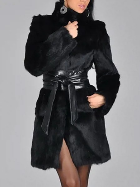 Milanoo Faux Fur Coat Women Black Long Sleeve Winter Overcoat Sash Excluded