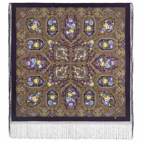 Платок Павловопосадская платочная мануфактура,148х148 см, синий, горчичный