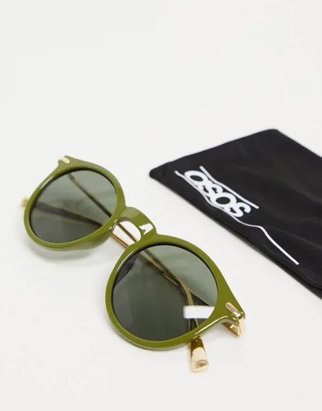 Круглые солнцезащитные очки в пластиковой оправе зеленого цвета из переработанных материалов с металлическими дужками ASOS DESIGN-Зеленый цвет
