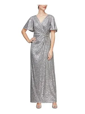ALEX EVENINGS Женское вечернее платье-футляр серебристого цвета с отворотом спереди и развевающимися рукавами 10