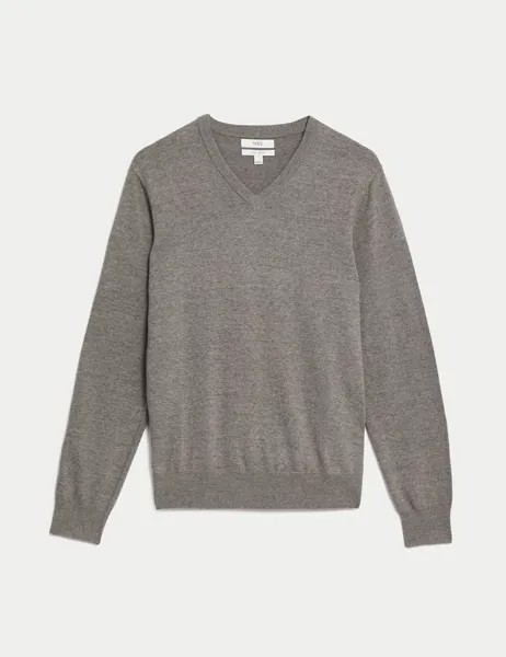 Вязаный джемпер из чистого хлопка с V-образным вырезом Marks & Spencer, серый