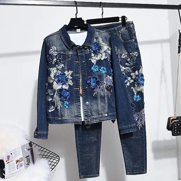 Женский джинсовый пиджак с вышивкой и бисером, комплект из двух предметов, Топ с длинным рукавом и облегающие джинсы, H1027, осень 2021