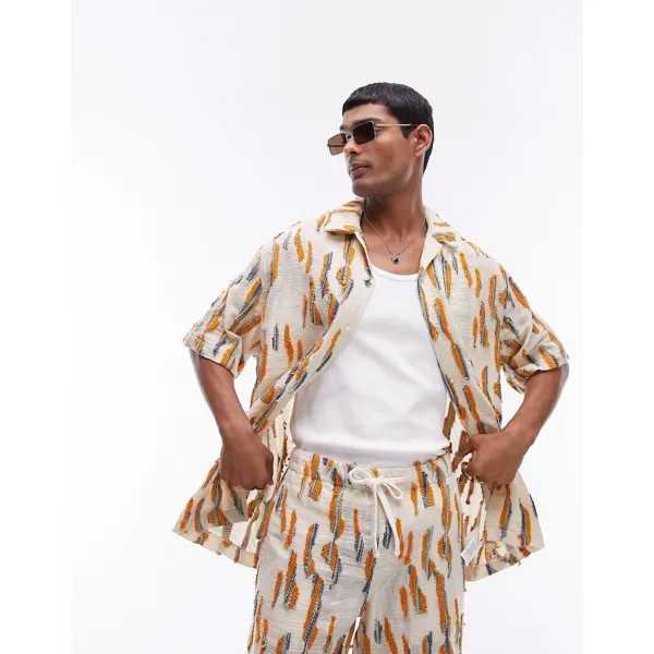 Рубашка Topman Co-Ord Short Sleeve Striped Relaxed Jacquard, экрю