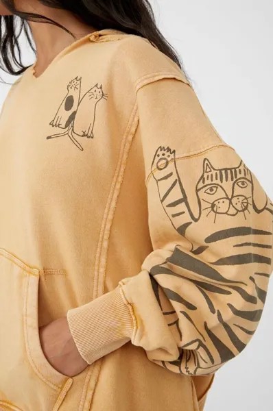 Толстовка с капюшоном Free People Sha La La с рисунком кота и карманом, коричневая, с потертостями, S NWD