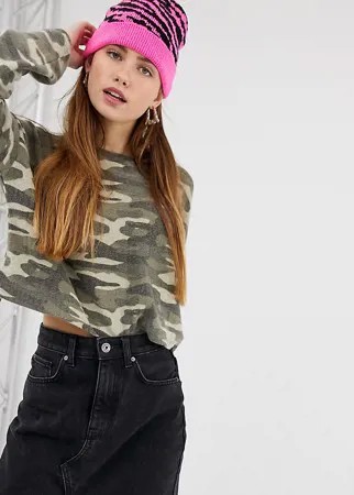 Укороченный свитшот с камуфляжным принтом Bershka-Зеленый