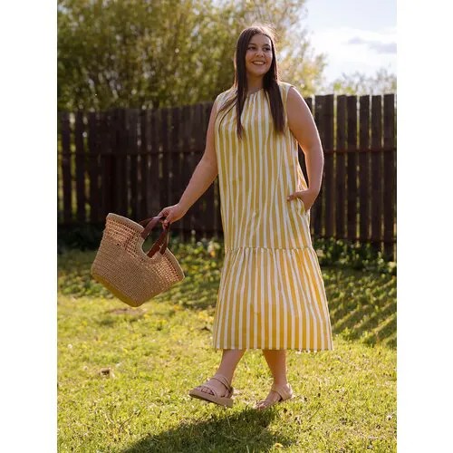 Сарафан Modress, хлопок, повседневный, свободный силуэт, миди, карманы, размер 60/62, мультиколор