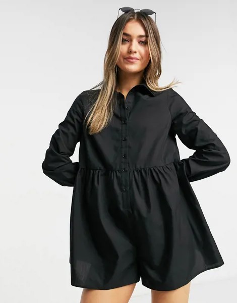 Черный ромпер-рубашка с присборенной отделкой ASOS DESIGN-Черный цвет