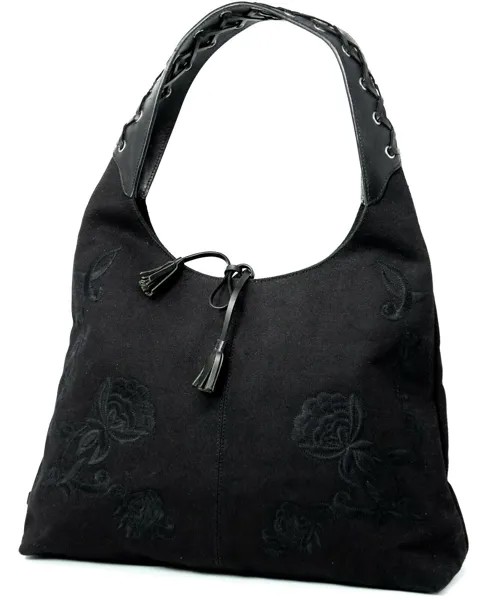 NWOT LAUREN RALPH LAUREN Черная холщовая сумка-хобо с вышивкой и цветком Кошелек