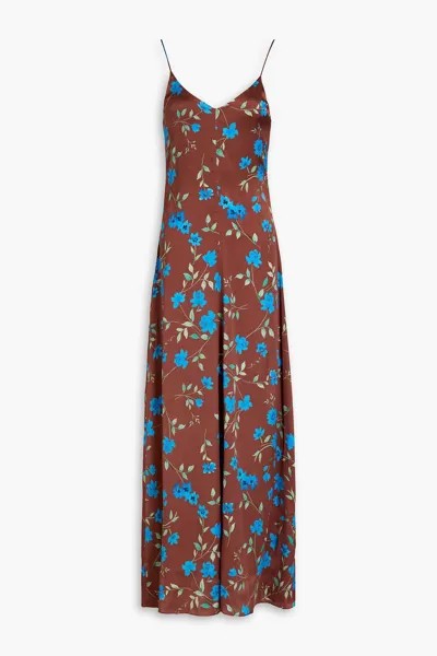 Платье макси из эластичного атласа с цветочным принтом GANNI, коричневый