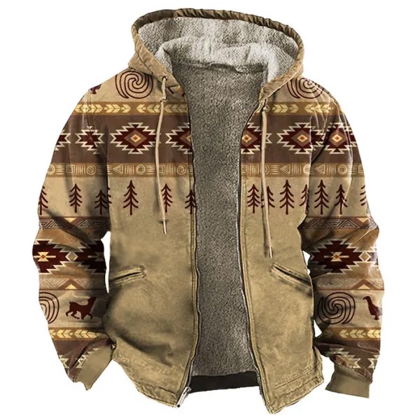 Hoodie Men Zip Up Vintage Ethnic Graphic Print Fleece Full Zip Jacket