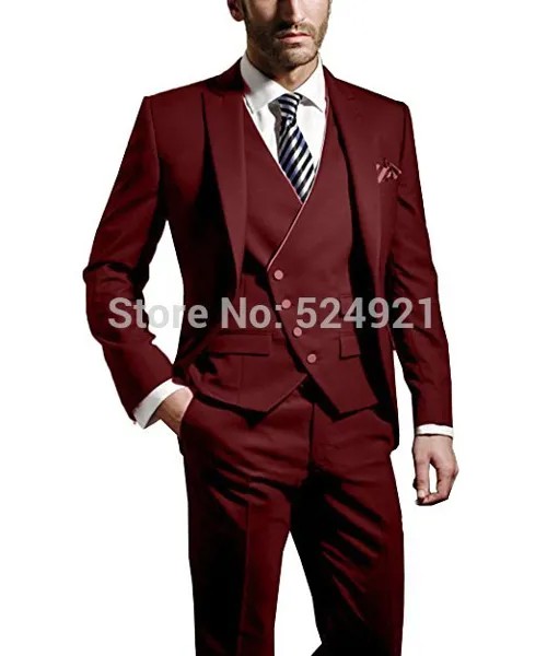 Slim Fit женихов Для мужчин темно-красный жениха смокинг с лацканами с острыми углами Для мужчин костюмы на свадьбу/выпускных вечеров, лучший мужской блейзер (пиджак + брюки + жилет + галстук-бабочка) C301