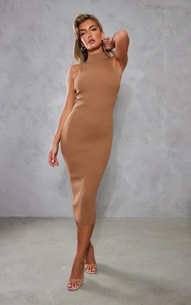PrettyLittleThing Серо-коричневое облегающее платье мидакси без рукавов в рубчик