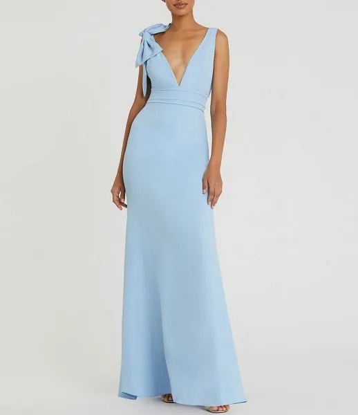 Ieena for Mac Duggal Платье А-силуэта без рукавов с глубоким вырезом и бантом на спине с глубоким вырезом на спине, синий