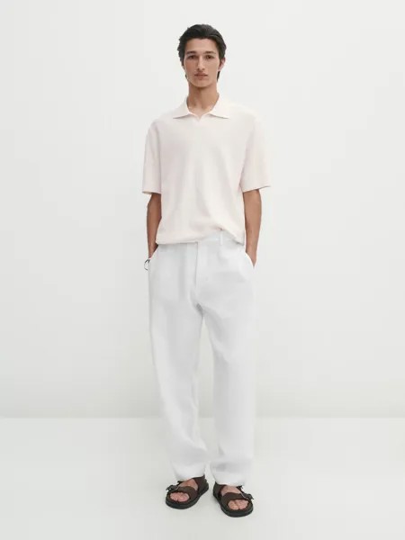 Вязаный свитер-поло с короткими рукавами Massimo Dutti, бежевый