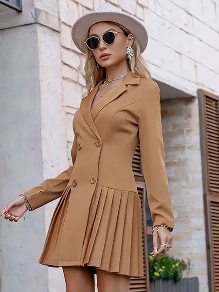 Milanoo Blazer For Women Modern V Neck Buttons Long Sleeves Stretch Polyester Deep Apricot Blazer Dr