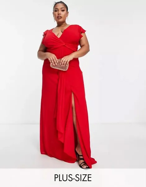 Красное платье макси с оборками и рукавами-крылышками TFNC Bridesmaid