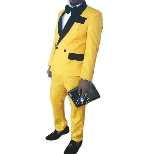 Двубортные желтые смокинги для жениха вельветовый воротник мужские костюмы для выпусквечерние вечера вечеринки деловые костюмы (пиджак + б...