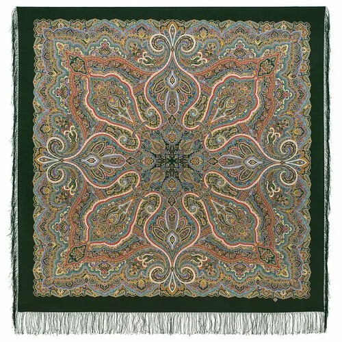 Платок Павловопосадская платочная мануфактура,146х146 см, коричневый, зеленый