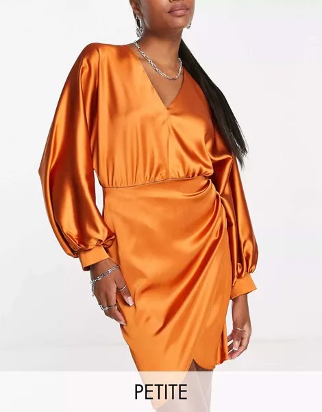 Ярко-оранжевое атласное мини-платье с воланами London Petite и драпировкой спереди Flounce London