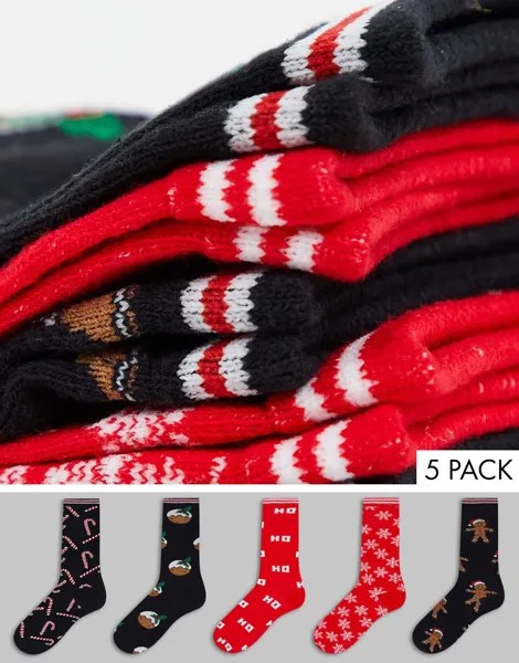 Набор из 5 пар новогодних носков красного и черного цветов с изображением пудингов Brave Soul-Красный
