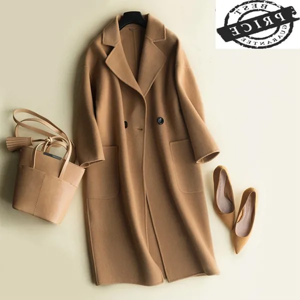 Пальто осенне-зимнее женское 100% шерстяное пальто женские длинные куртки Корейская Весенняя шерстяная одежда черное пальто LWL1325