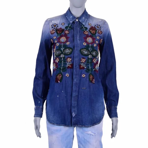 DSQUARED2 Джинсовая блузка-рубашка с джинсовой рубашкой DSQUARED Western с цветочной вышивкой Синяя 07205