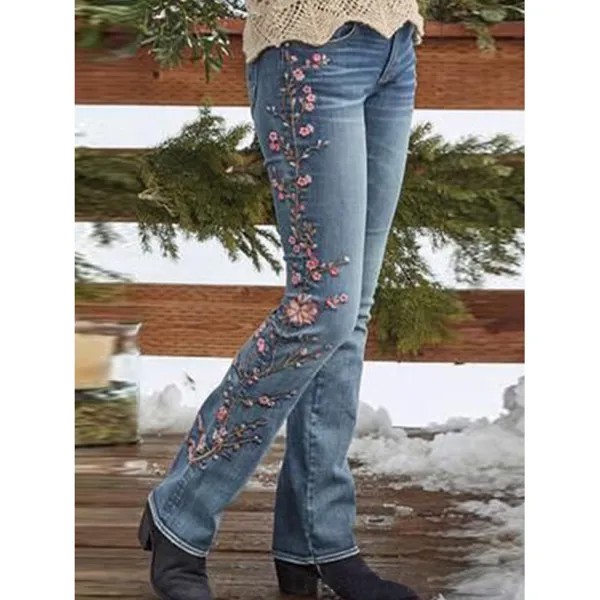 Женские джинсы с высокой талией и вышивкой в стиле ретро узкие расклешенные джинсы с микроэластичной резинкой