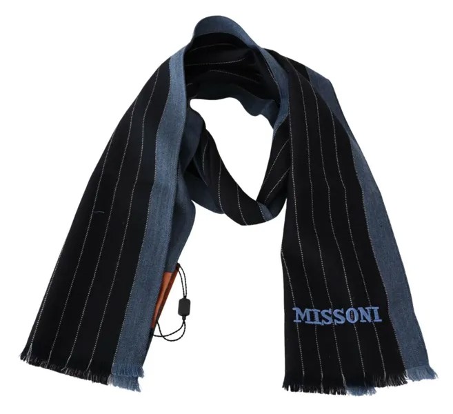 Шарф MISSONI, черный, синий, полосатый, шерстяной, унисекс, с запахом и бахромой, с логотипом, 140 см x 21 см $340