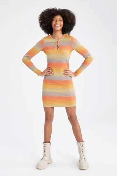 Облегающее мини-платье с круглым вырезом и длинными рукавами DeFacto, разноцветный