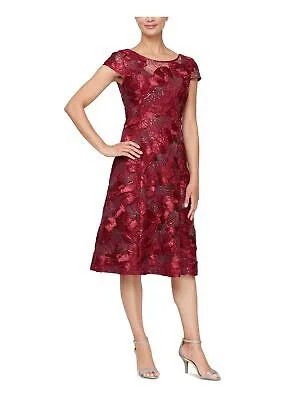 ALEX EVENINGS Женское бордовое сетчатое платье с короткими рукавами и расклешенным платьем 6