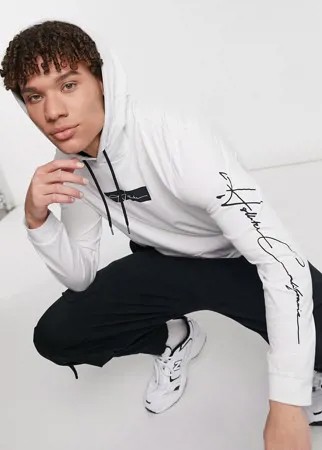 Белый лонгслив с капюшоном и квадратным логотипом по центру и на рукаве Hollister