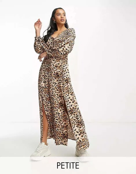 Леопардовое платье макси с длинными рукавами и пуговицами Miss Selfridge Petite