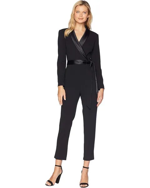 Комбинезон Adrianna Papell Knit Crepe Wrap Top Jumpsuit withs, Slim Pants, and Stretch Charmeuse Collar, черный