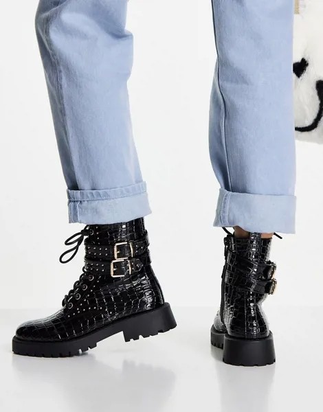Лакированные черные ботинки с имитацией крокодиловой кожи Miss Selfridge Aliyah-Черный цвет