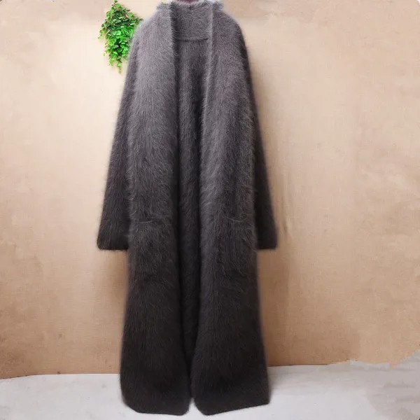 Высококачественная Женская осенне-зимняя одежда, пушистый норковый кашемировый вязаный длинный свитер, кардиган из ангоры, меховое пальто,...