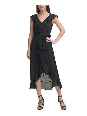 DKNY Womens Black Self Tie Belt Cap Sleeve V-образным вырезом Midi Party Hi-Lo Dress 8