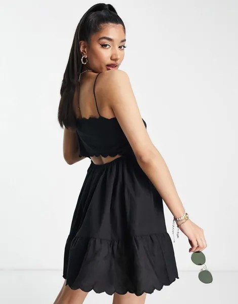 Черный сарафан мини с вырезами на спине и фестонами ASOS DESIGN