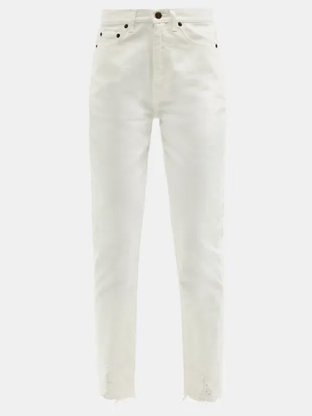 Укороченные джинсы с высокой посадкой и потертыми манжетами Saint Laurent, белый
