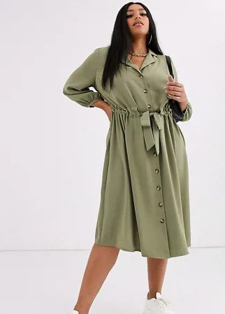 Платье-рубашка миди на пуговицах цвета хаки ASOS DESIGN Curve-Зеленый