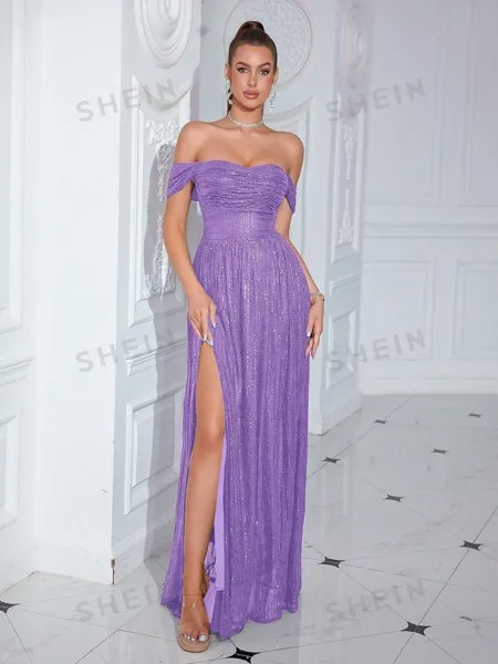 ADYCE Вечернее платье макси с разрезом и пайетками на одно плечо и высокой талией, фиолетовый