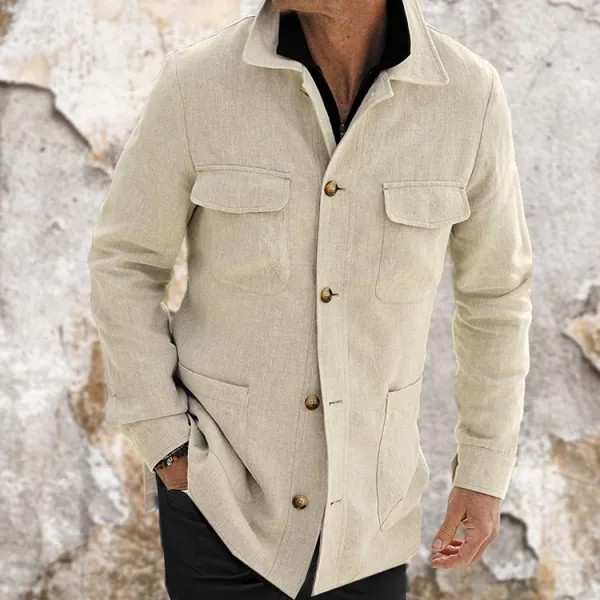 Мужская куртка сафари из 100% льна винтажный пиджак с несколькими карманами на открытом воздухе