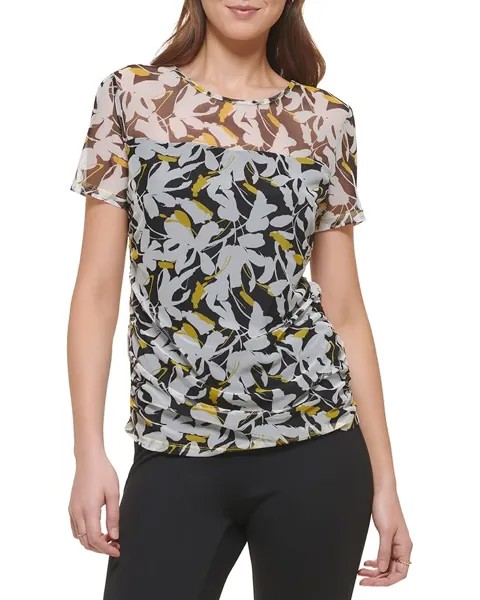 Топ DKNY Short Sleeve Printed Mesh, цвет Black/Pop Yellow Multi