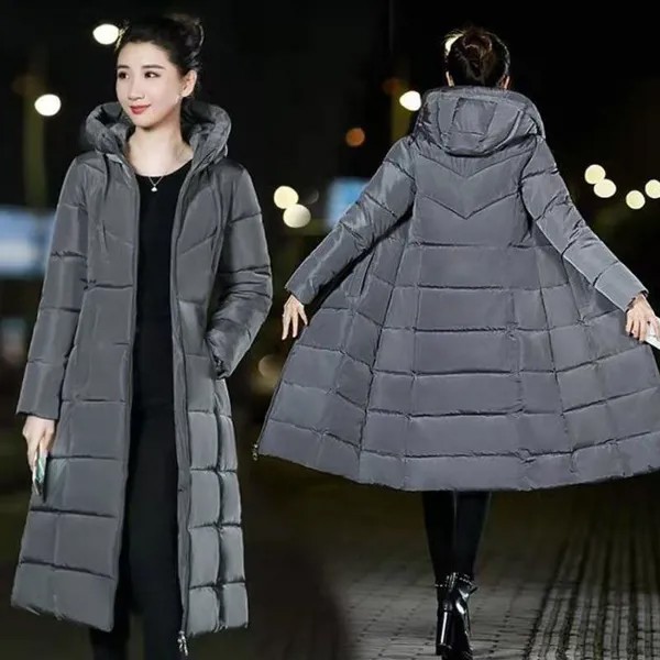 Женщины Длинное пуховое пальто Куртка с капюшоном Мягкая стеганая parka Верхняя одежда Зима Теплее