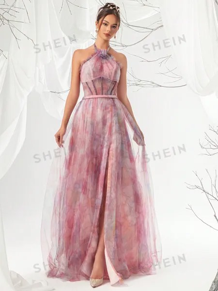 Элегантное женское вечернее платье макси с сетчатым вырезом и бретелькой на шее, пыльный розовый