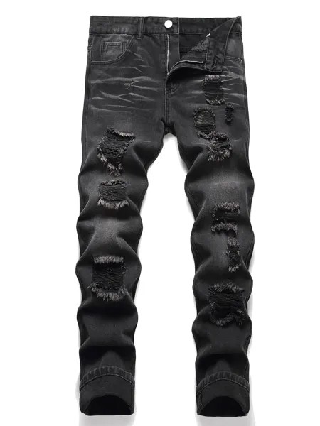 Мужские однотонные рваные джинсы, черный