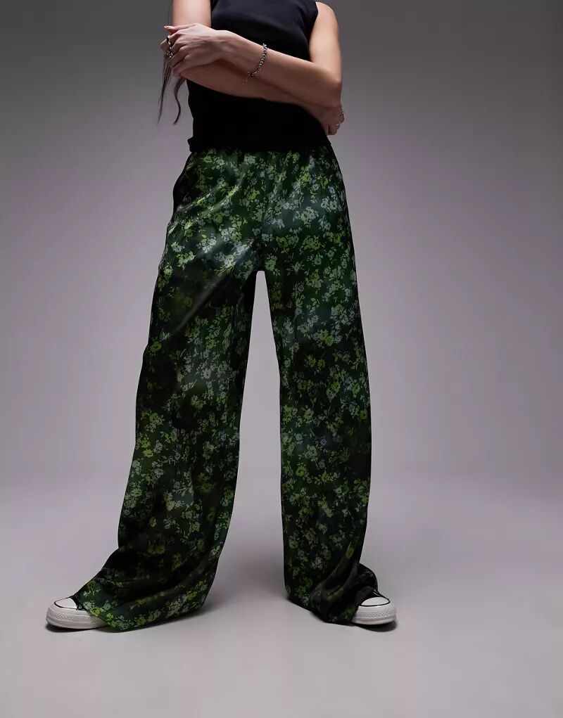 Зеленые атласные широкие брюки без рукавов с принтом Topshop