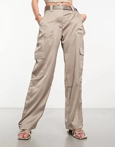 Бежевые атласные брюки карго с поясом Abercrombie & Fitch