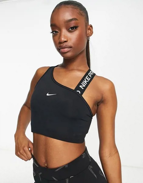 Черный спортивный бюстгальтер асимметричного кроя со средней степенью поддержки и логотипом-галочкой Nike Pro Training Dri-FIT-Черный цвет